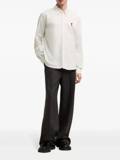 Ami Paris Uomo Camicia Bianco Micro Ricamo Cuore Rosso