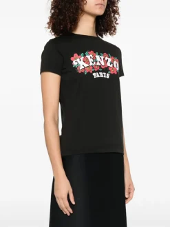 Kenzo Donna T-shirt Nero Logo Floreale