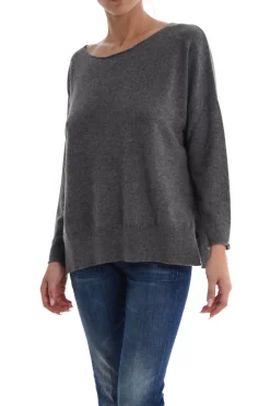 Maglia Grigia a Barchetta con Maniche Lunghe e Spacchi Laterali