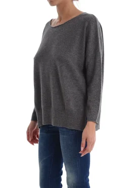 Maglia Grigia a Barchetta con Maniche Lunghe e Spacchi Laterali