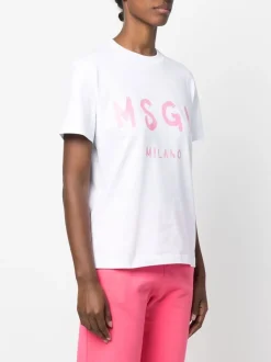 Msgm Donna T-shirt Bianco-Rosa Stampa Logo Milano