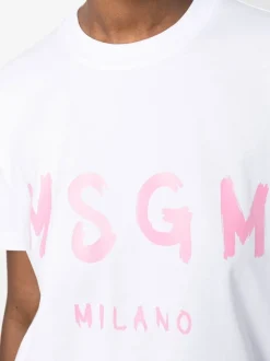 Msgm Donna T-shirt Bianco-Rosa Stampa Logo Milano