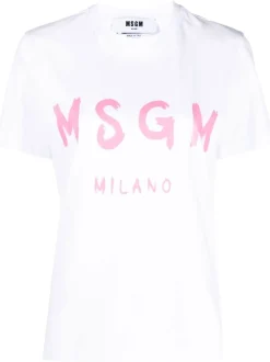 Msgm Donna T-shirt Bianco-Rosa Stampa Logo Milano