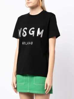Msgm Donna T-shirt Nero Stampa Logo Milano