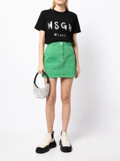 Msgm Donna T-shirt Nero Stampa Logo Milano