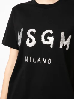 Msgm Donna T-shirt Nero Stampa Logo Milano