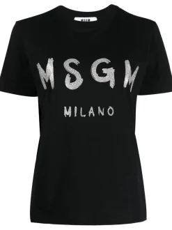 Msgm Donna T-shirt Nero Stampa Logo Milano