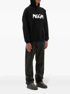 Msgm Felpa Nero Uomo Cappuccio Logo Pennellata