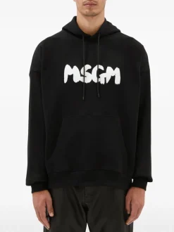 Msgm Felpa Nero Uomo Cappuccio Logo Pennellata