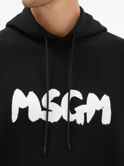 Msgm Felpa Nero Uomo Cappuccio Logo Pennellata