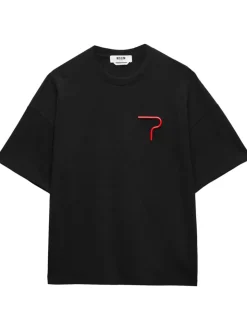 Msgm T-shirt Nero Uomo con Applicazione Rossa